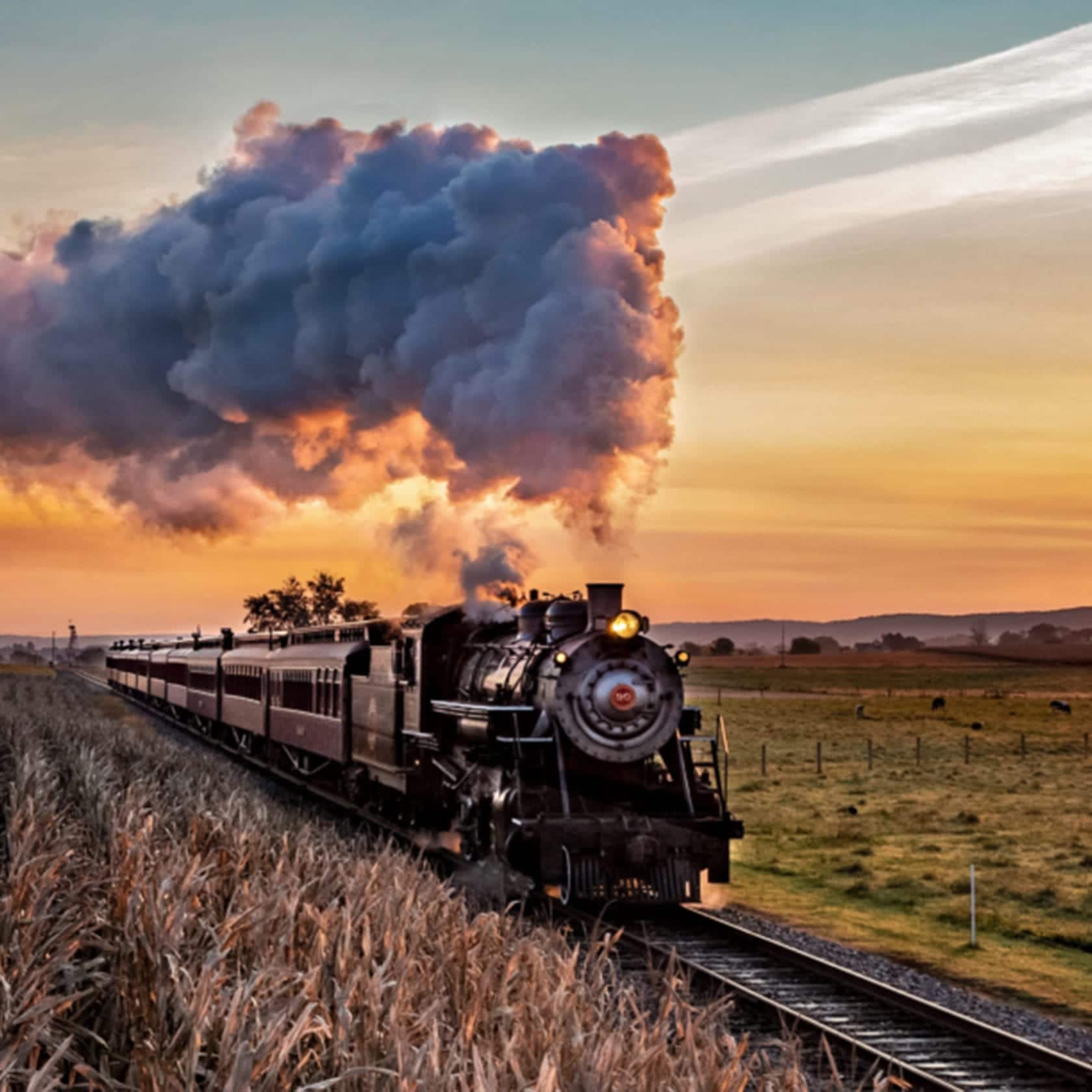 Strasburg Rail Road's NO. 90 Locomotive travelling through the countryside | Strasburg Rail Road near Bird-in-Hand, PA